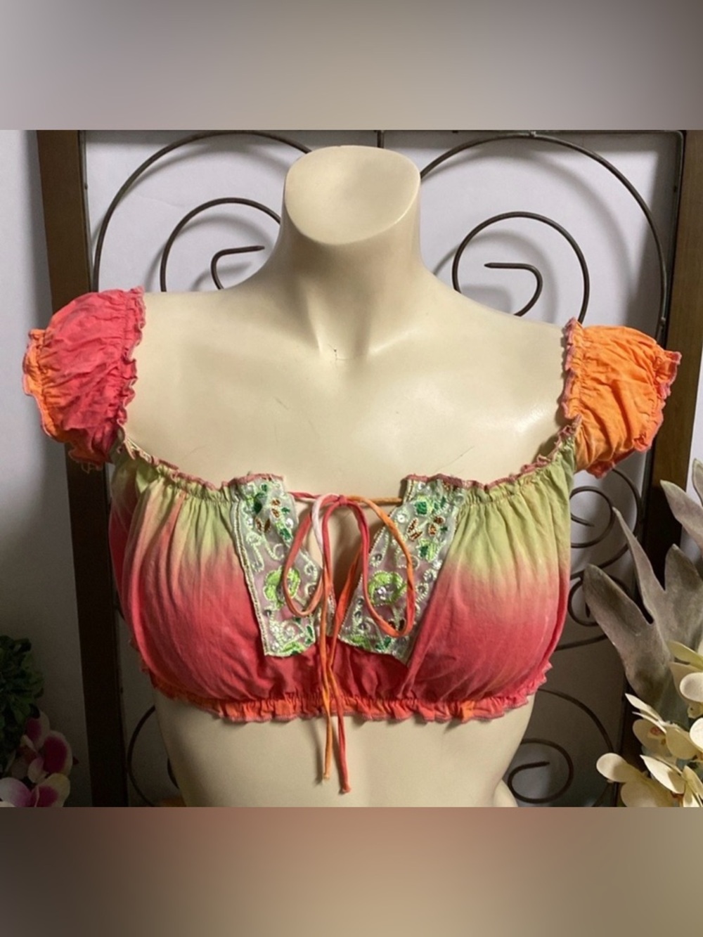 Tie-Dye Peasant Crop Top with Embroidered Front - Pink/Orange